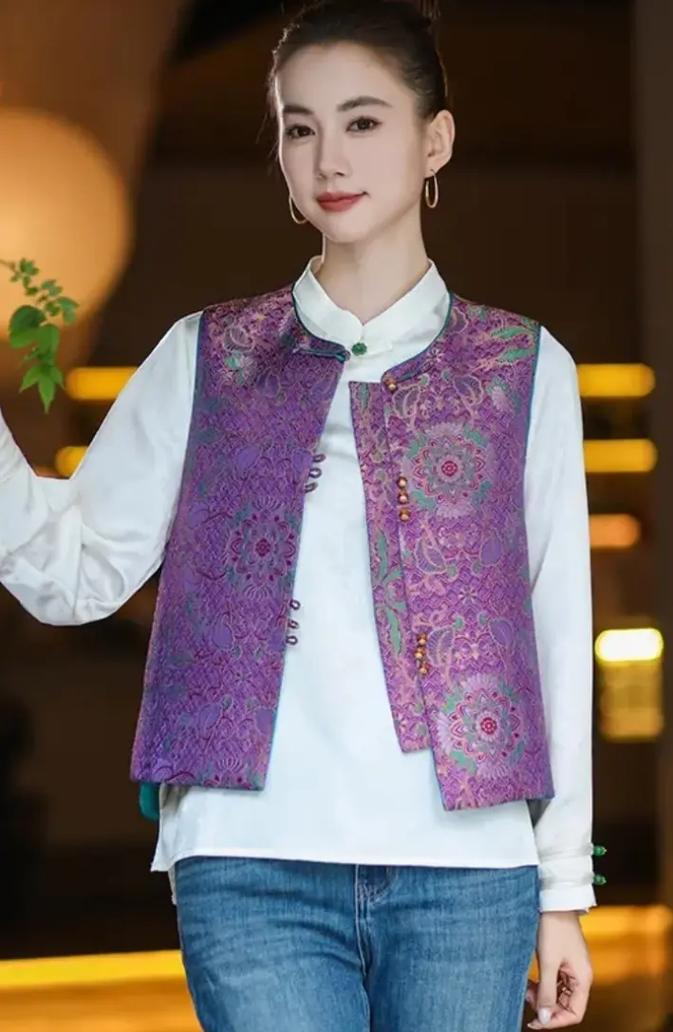 温婉典雅织锦缎提花国风马夹,优雅气质百搭时尚单